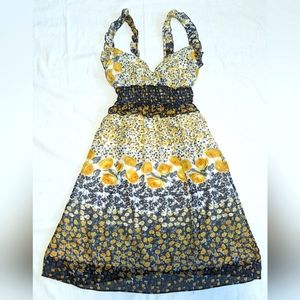 VINTAGE As U Wish Floral Sweetheart Sleeveless Ruffle Dress Black Yellow SMALL